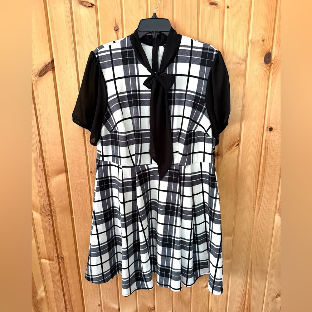 Smak Parlour Black & White Plaid Tie-Neck Fit & Flare Dress